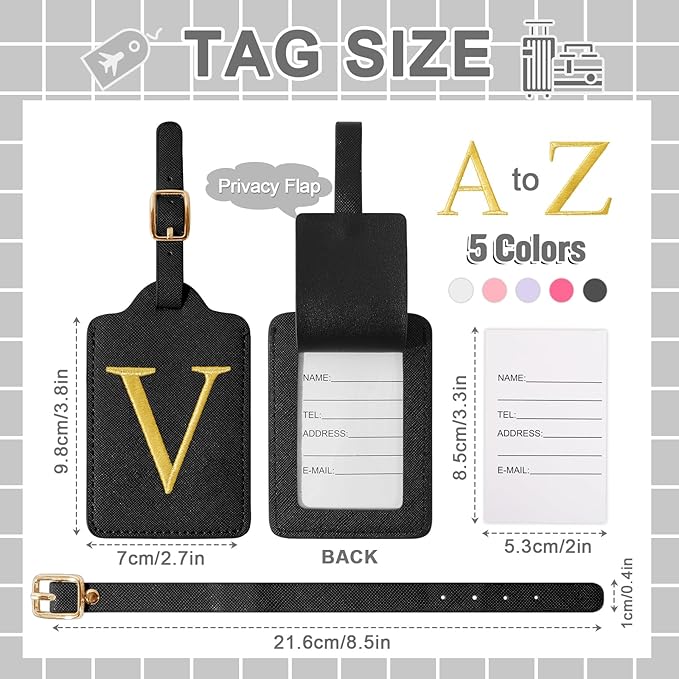 Personalized Initial Luggage Tags for Suitcase TSA Approved, Black Leather Cute Luggage Tag with Privacy Cover Name Card, Embroidered Custom Luggage Tags Travel Backpack Tags Gifts for Women Kids(V)