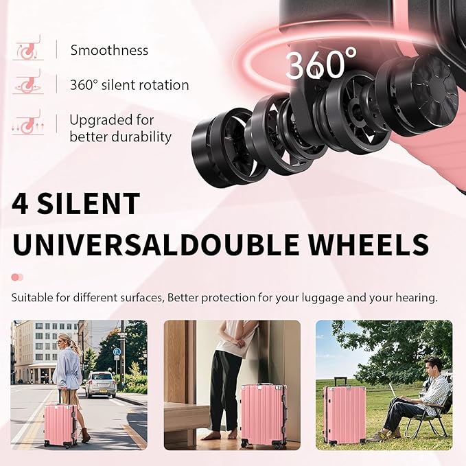 Krute Carry On Luggage 20 inch Aluminum Frame Luggage with Spinner Wheels Hardshell No Zipper PC+ABS TSA Lock Zipperless Suitcases Pink