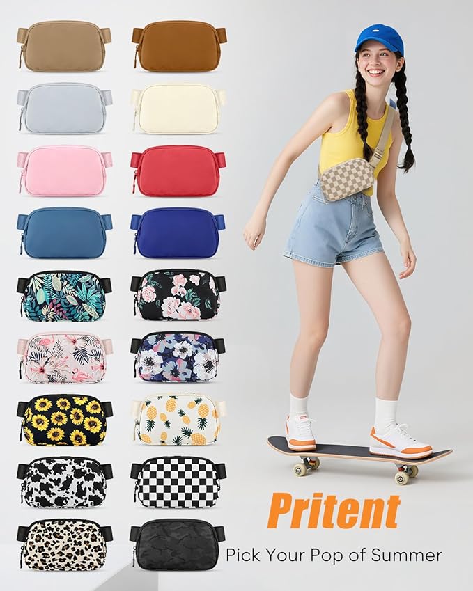 Pritent Fanny Packs for Women Cross Body Bag Waterproof Belt Bag with Adjustable Strap and Zipper Back Pocket Small Crossbody Bags Fashion Waist Packs for Workout Travelling(Checkered Khaki, Large)