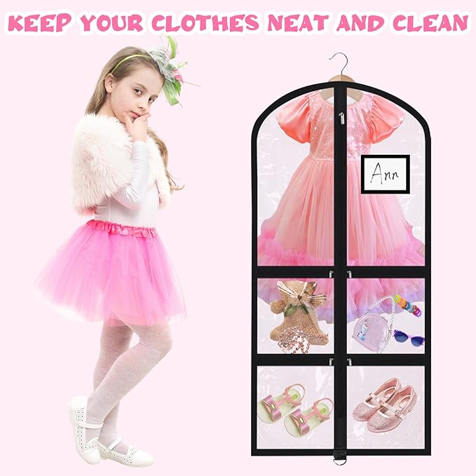 Woanger 6 Pcs Garment Bags for Dance Costumes Clear PVC with Zippers Garment Bag with Pockets Dance Costume Organizer Carrier for Storage Cover for Adult(Transparent,20'' X 40'')