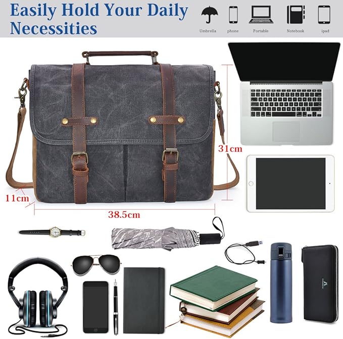 Mens Messenger Bag 15.6 Inch Waterproof Vintage Genuine Leather Waxed Canvas Briefcase Large Satchel Shoulder Bag Rugged Leather Computer Laptop Bag, Grey