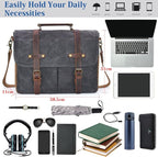Mens Messenger Bag 15.6 Inch Waterproof Vintage Genuine Leather Waxed Canvas Briefcase Large Satchel Shoulder Bag Rugged Leather Computer Laptop Bag, Grey