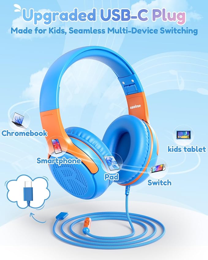 awatrue USB-C Kids Headphones with Mic - 85/94dB Volume Limiter, Foldable Wired Toddler Headphones for Boys & Girls, Over-Ear Type-C Kid Headphones for School, Travel, lPad, Tablet & Smartphones