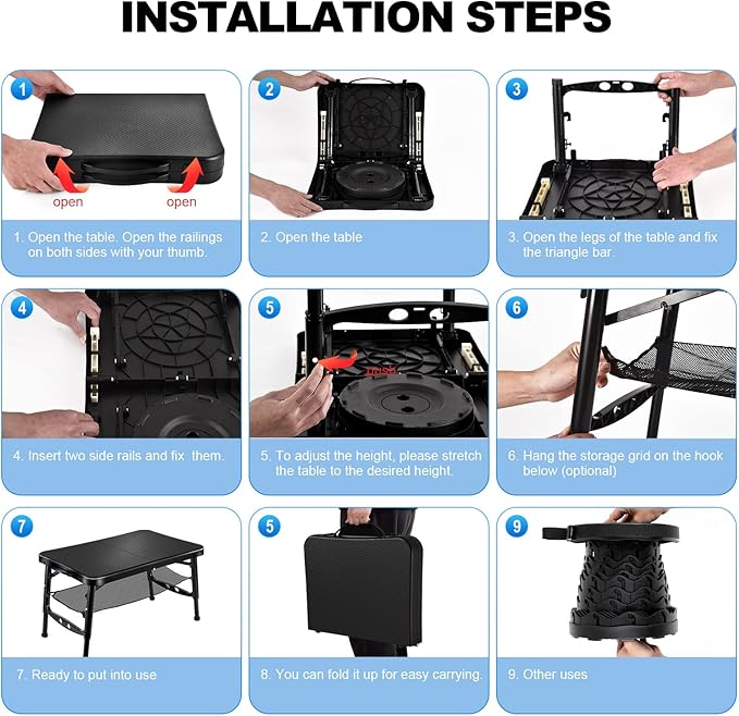 KPR Retractable Small Folding Table and Stool Set, Portable Camping Foldable Table Lightweight Yet More Sturdy with Adjustable Stool for Outdoor Picnic, Beach, Camp, Also Ideal as Laptop Bed Desk