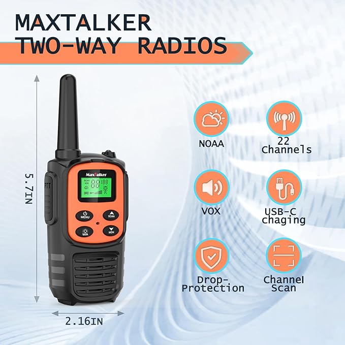 MaxTalker Walkie Talkies for Adults,Rechargeable Walkie Talkies Long Range,Two Way Radios with 22 FRS Channels,Li-ion Battery,USB-C Cable,Flashlight,NOAA,VOX Walkie Talkie for Camping 4 Pack
