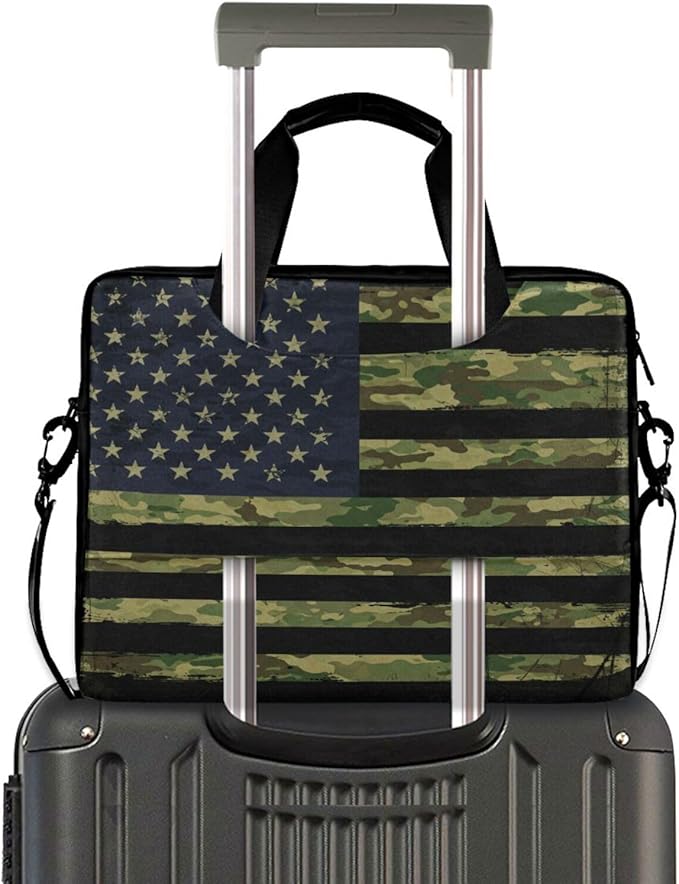 American Flag with Camouflage Grunge Laptop Bag Case 13 14 15.6 inch Laptop Messenger Bag Crossbody Briefcase for Men Women with Shoulder Strap Handle