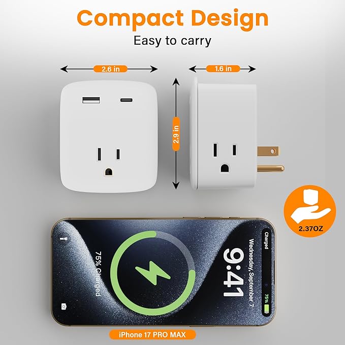 Multi Plug Outlet Extender with USB Cable(3.3FT USB A to C Cord, 3.3FT USB C to C Cord), 3-Sided Power Strip with Lip, Small Wall Tap Plug Splitter for Cruise Dorm Essentials Home Office, ETL Listed