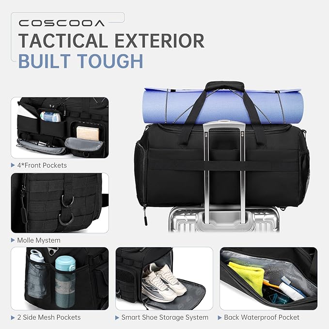 Gym Bags for Men with Shoe Compartment 60L Tactical Duffle Bag 3 in 1 Carry on Duffel Bag Travel Backpack Weekender Overnight Range Bag for Workout Football, Black