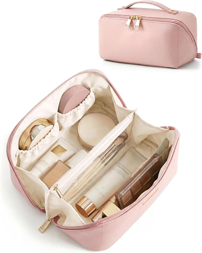 BAGSMART Makeup Bag Travel Cosmetic Bag, Large Make Up Bag Flat Open Toiletry Bag for Women, Waterproof PU Leather Travel Essentials Organizer Case, Wide-open Pouch Purse for Skincare, Brushes, Pink