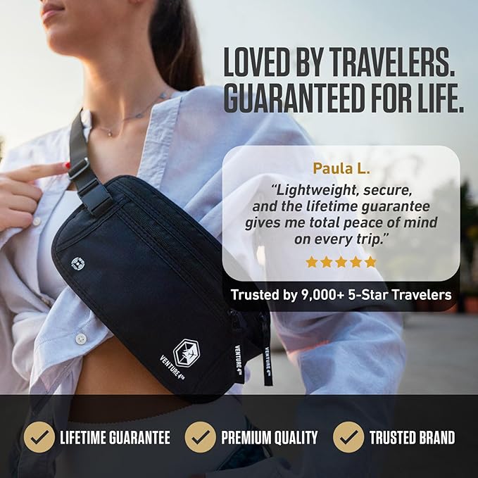 VENTURE 4TH Money Belt for Travel – Slim Hidden Under-Clothes RFID Blocking Anti-Theft Passport Holder & Travel Wallet Pouch for Men & Women to Protect Cash, Cards & Documents (Brown)