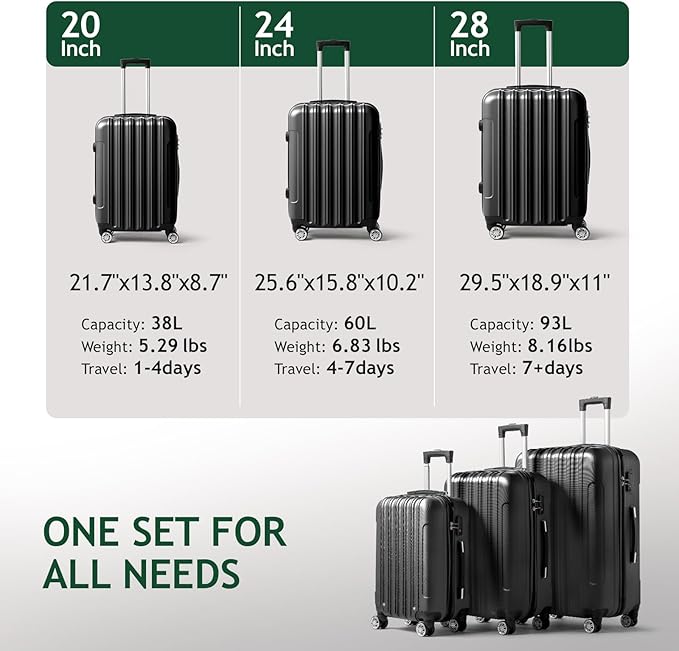 3 Piece Luggage Sets, Lightweight ABS Suitcase with 4 Spinner Wheels ＆ TSA Locks, Hardside Carry On Luggage Durable Suitcase Set for Family Travel Business - Black, 20/24/28