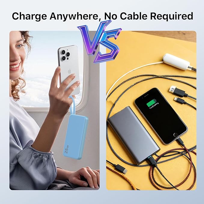 NOBIS Portable Charger 10000mAh 25W Power Bank Fast Charging Battery Pack with Built-in Type-C Cable, USB-C in/Out, USB-A Output with LED Display for Phone 17 S25