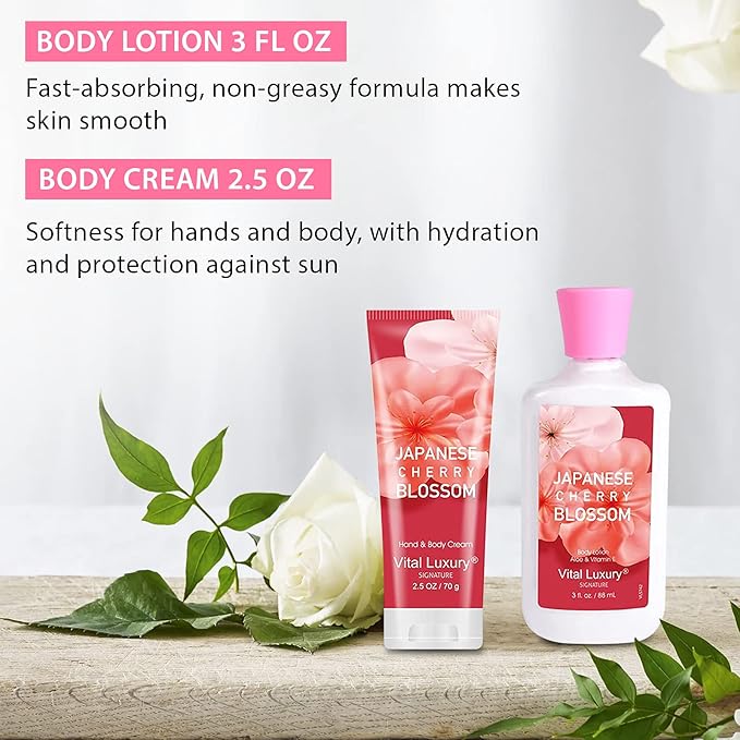 Mother’s Day Gift Set for Women – 4PC Japanese Cherry Blossom Luxury Spa Kit with Hand Cream, Body Lotion, Shower Gel & Mist, Relaxing Self Care Travel Bath and Body Set for Mom, Wife, or Her