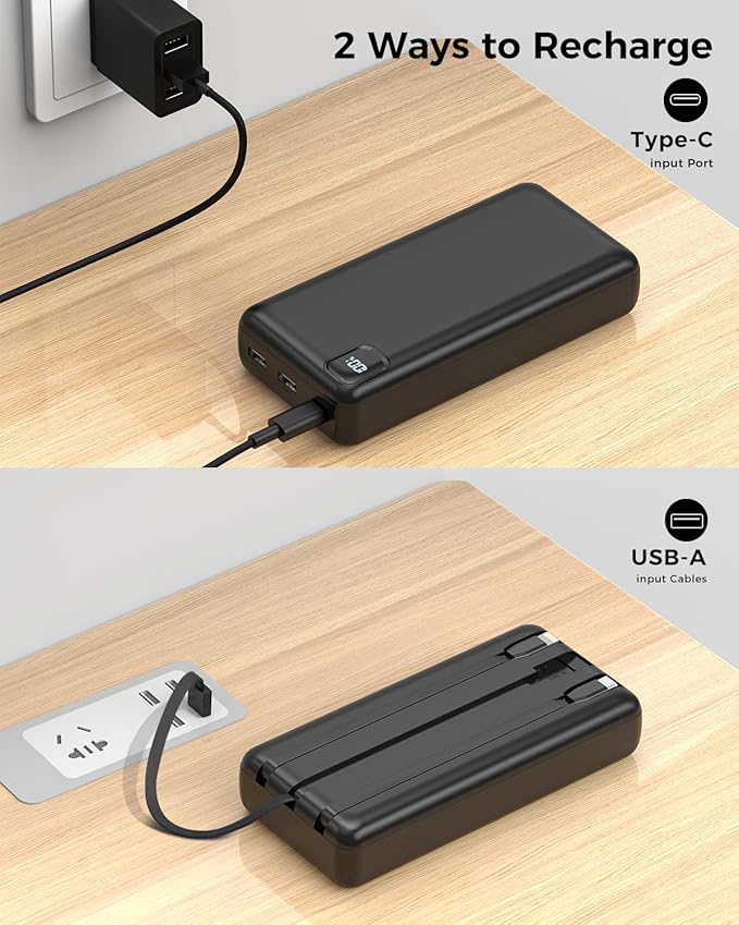 50000mAh Power Bank Portable Charger 22.5W Fast Charging, Built in Cables USB-C External Battery Pack, Phone Charger with 5 Output & 2 Input USB C, Travel Camping Essential for iPhone & Andriod