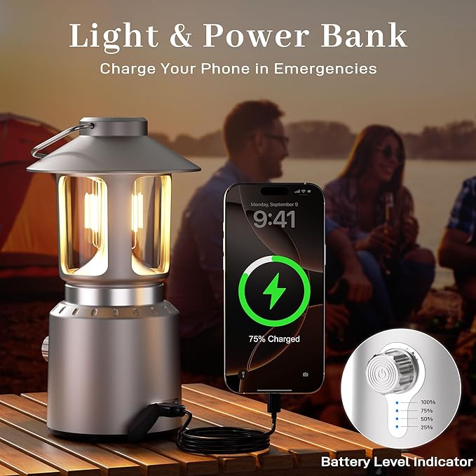 Camping Lantern Rechargeable, Telescopic 8000mAh Retro Waterproof Camping Light, Electric Lanterns for Power Outages, Vintage Hurricane Lamp for Tent Outdoor Patio RV Fishing