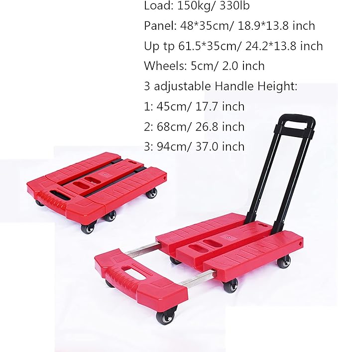 Heavy Duty Folding Hand Truck - 6-Wheel Flatbed Trolley Cart with Extendable Handle for Home Office Travel & Moving - 330lbs Capacity Compact & Portable (Red)