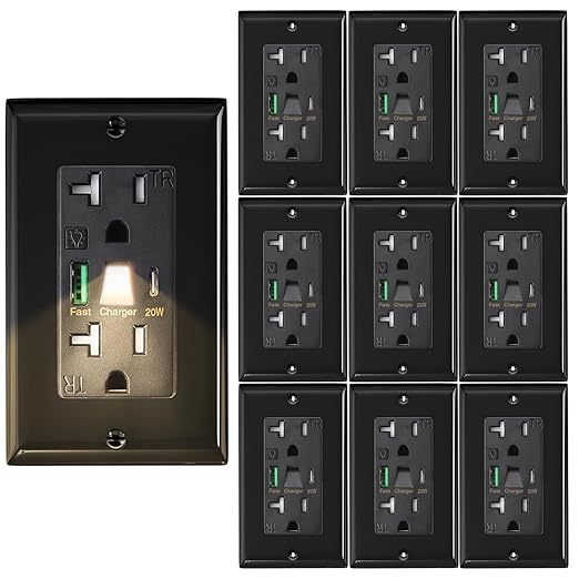 PD USB Outlet with Light,20W Power Delivery USB Receptacle with Night Light, 20A Tamper-Resistant Wall Outlet, Fast Charging Type A & USB-C Charger for Smartphones, Laptops, Tablets (10, Black)
