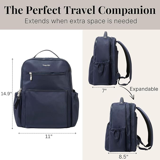 Baggallini Tribeca Expandable Laptop Backpack - 15"x11" Lightweight RFID Computer Bag for Work & Travel with Luggage Sleeve