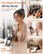 5-in-1 Magnetic Power Bank, 5000mAh Portable Wireless Charger with Mirror, Stand, Bluetooth Remote & Card Holder, MagSafe Compatible Travel Essential for iPhone & Samsung, USB-C Cable Included，Black