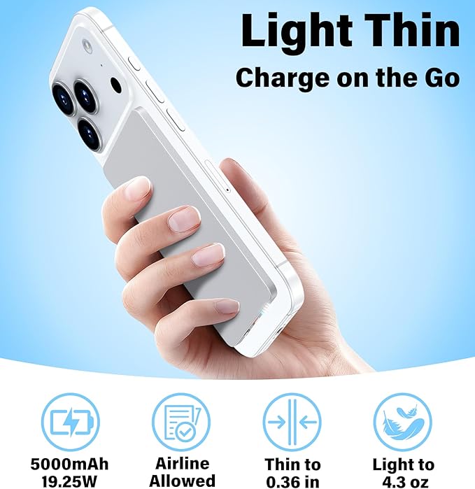 3-in-1 5000mAh for Magsafe Power Bank Thin Slim 22.5W Fast Charging Type C Magnetic Battery Pack Powerbank for Travel, Mini Wireless Portable Charger for iPhone 17 16 15 14 13 12 Watch Android, Grey