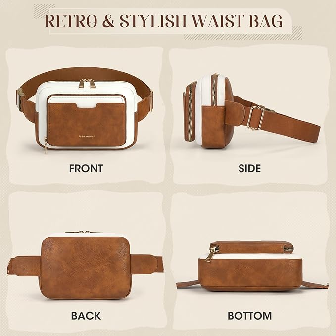 RAINSMORE Fanny Packs for Women, Leather Belt Bag Waterproof Everywhere Crossbody Waist Pack with Adjustable Strap Retro Sling Chest Bag for Work Running Travel Party, Brown with White
