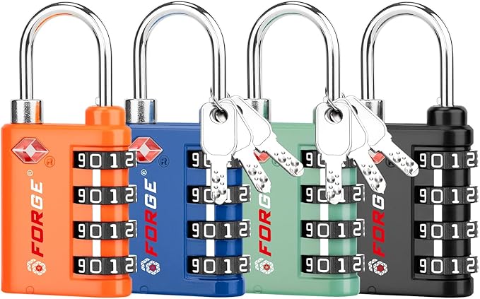 Forge Dual-Opening: Key or Combination Lock, TSA Approved Lock for Luggage, Pelican case, Travel, Gym, School, Luggage Combination Lock, Travel Bag Lock (4 Colors 4 Pk)