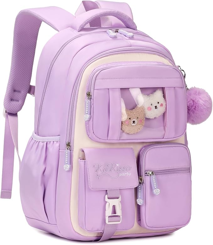 PIG PIG GIRL Kids Backpack for Girls School Bags for Middle School Students Book Bag for Elementary Primary Kawaii Ita Backpack, Purple and Beige