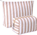 Huhumy 2 Pcs Makeup Bag Set Cute Cosmetic Pouch for Women Seersucker Travel Toiletry Bag Preppy Small Makeup Purse Pouch Aesthetic Skincare Brushes Storage Organizer for Valentine Women(Khaki Wide)