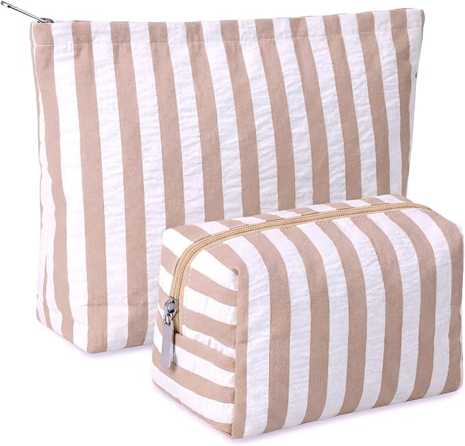 Huhumy 2 Pcs Makeup Bag Set Cute Cosmetic Pouch for Women Seersucker Travel Toiletry Bag Preppy Small Makeup Purse Pouch Aesthetic Skincare Brushes Storage Organizer for Valentine Women(Khaki Wide)