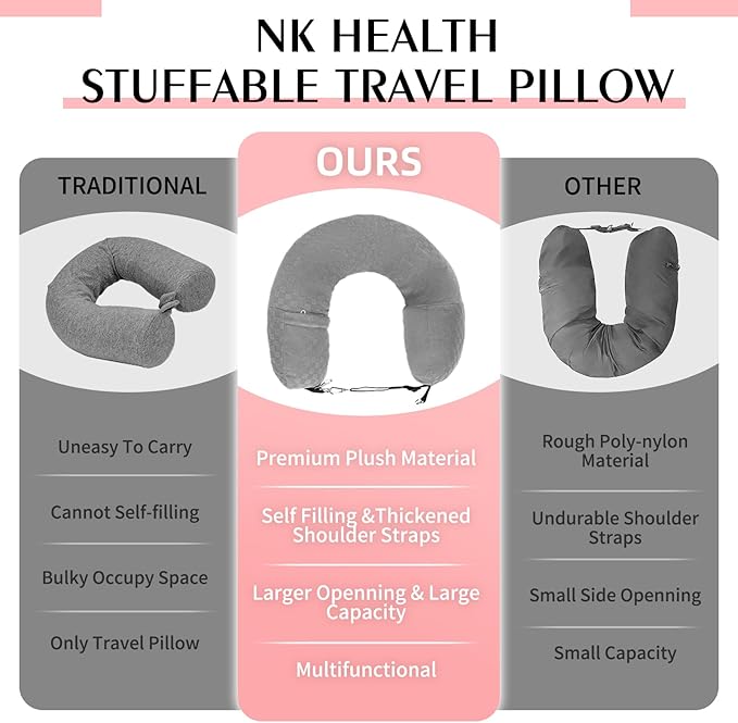 Stuffable Travel Pillow, Stuffable Neck Pillow for Travel, Neck Pillow Stuffed with Clothes Storage - No Extra Baggage Fees, Fits 5+ Days of Travel Essentials, No Filler (Grey-Checkerboard)