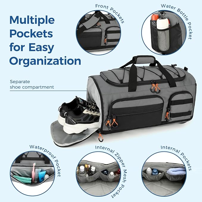 Searock 45L Gym Bag for Men, 3-In-1 Duffle Bag Backpack for Travel, Sports Duffel Bags for Gym Workout, Weekender Overnight Bag with Shoe Compartment, Wet Pocket, Dark Gray