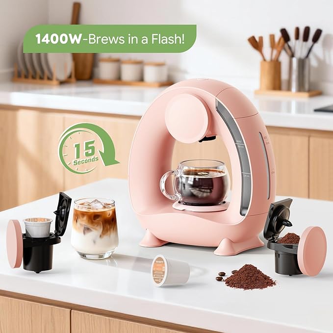 Pod and Grounds Single-Serve Coffee Maker, 2 in 1 One Cup Coffee Machine Compatible with K-Cup Pod & Coffee Grounds/Tea, Compact Design, 4-8oz, Pink