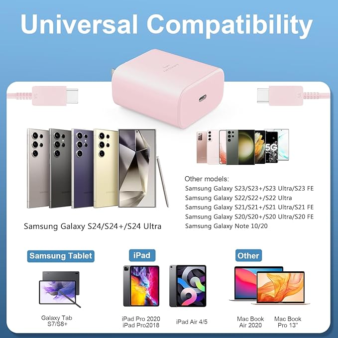 45W Super Fast Charger USB C Android Phone Type C Charger Fast Charging Block with 10FT Cord for Samsung Galaxy S26/S26 Ultra/S26+/S25 Ultra/S25/S24 Ultra/S24/S23 Ultra/S22/S21/S20/Note 10, Pink