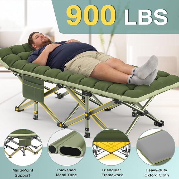 ZENPETIO Oversized XXL Folding Camping Cot, Heavy Duty Sleeping Cot for Adults with Mattress and Pillow, Portable Cot Bed with Carry Bag for Outdoor Camp Travel Home Guest Office, Green