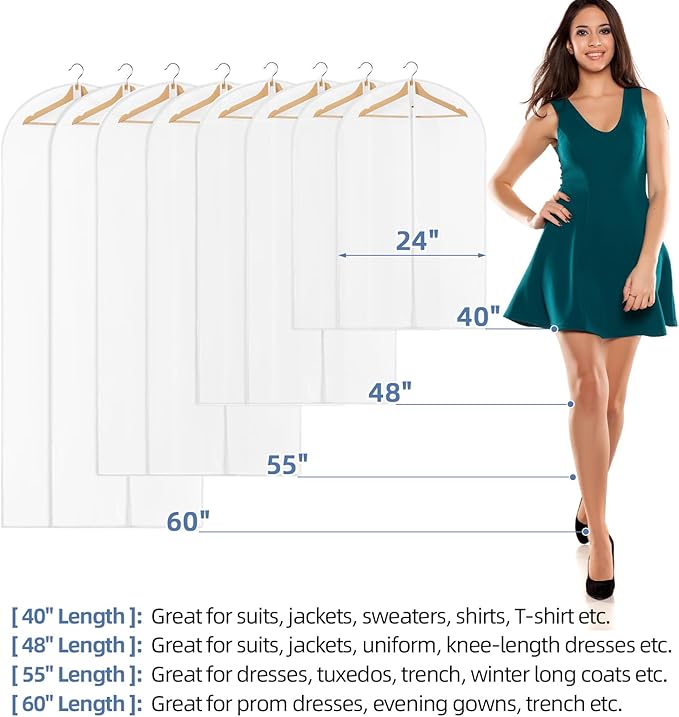 48" All Clear Garment Bags for Hanging Clothes, 5 Packs Suit Bags for Closet Storage, Plastic Waterproof Suit Cover Bags with Zipper for Coats, Jackets, Dresses (Set of 5)