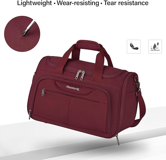 Hanke Small Travel Duffel Bag, Under Seat Carry On Personal Item Bag with 11 Pockets, Lightweight Water Resistant Foldable Weekender Bag with Trolley Sleeve for Travel Gym Daily Use（Burgundy）