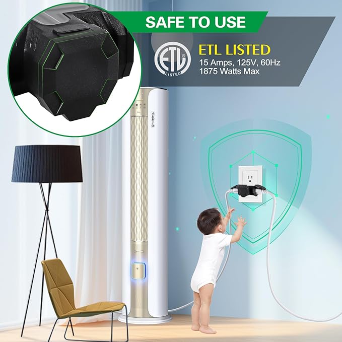 3 Outlet Indoor Outdoor Wall Adapter, ETL Listed 3-Prong Grounded Outlet Splitter, Weatherproof Heavy Duty Multi Outlet Power Plug Extender with Protective Cover, Black (1 Pack)