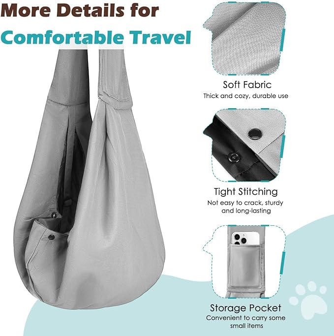 Pawaboo Small Dog Sling Carrier, Reversible Hands Free Dog Sling Carriers for Small Dogs and Cats, Puppy Slings Carrier with Safety Harness, Puppy Essentials, Light Gray
