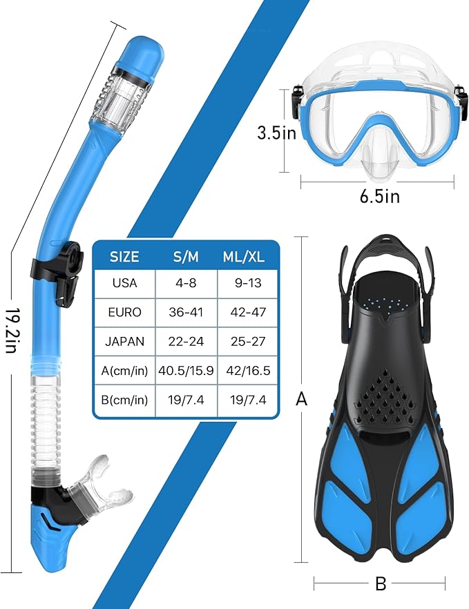 Ubekezele Snorkeling Gear for Adults Men Women,4 in 1 Snorkel Set with Panoramic View Diving Mask Anti-Fog Anti-Leak,Dry Top Snorkel,Fins and Travel Bag for Swimming,Snorkeling and Travel Diving