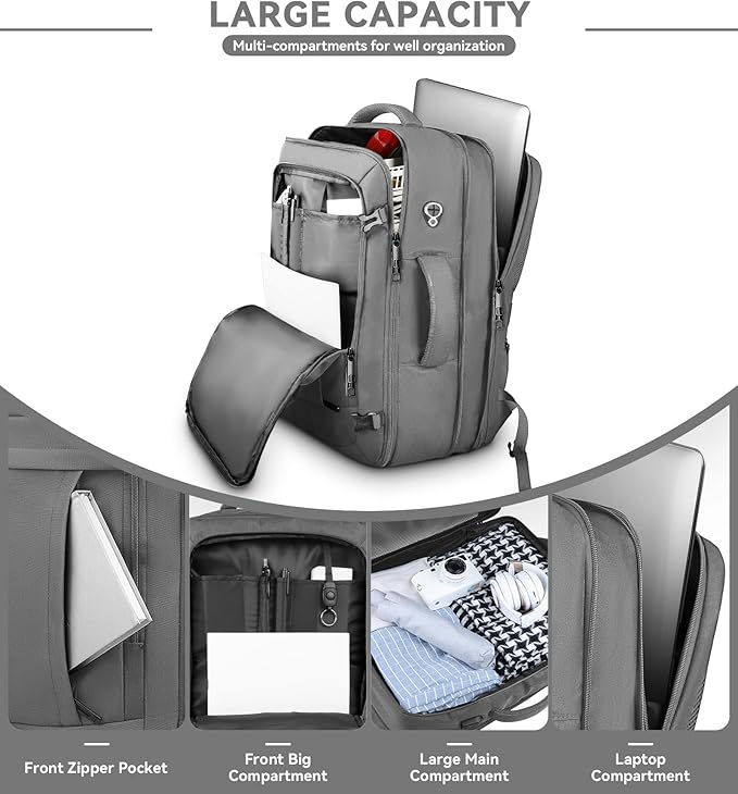 AREYTECO Carry On Backpack, 50L Extra Travel Laptop Backpack for Men Women, Big Bag Business Travel Essentials Gifts for men, 17 Inch Laptop Backpack Computer Bag Gifts for Him Men, Grey