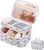 Gosect Makeup bag, Large Cosmetic Bag for Women Girls, Cute Quilted Makeup Bags, Floral Coquette Aesthetic Toiletry Bag, Travel Make Up Organizer Bag (Blue Bow)