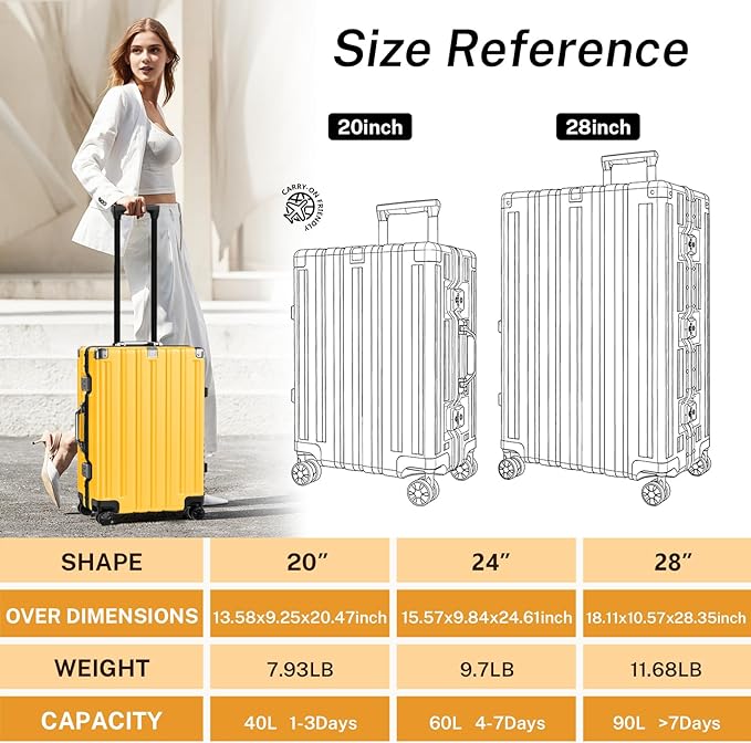 Krute Carry On Luggage 20 inch Aluminum Frame Luggage with Spinner Wheels Hardshell No Zipper PC+ABS TSA Lock Zipperless Suitcases Yellow