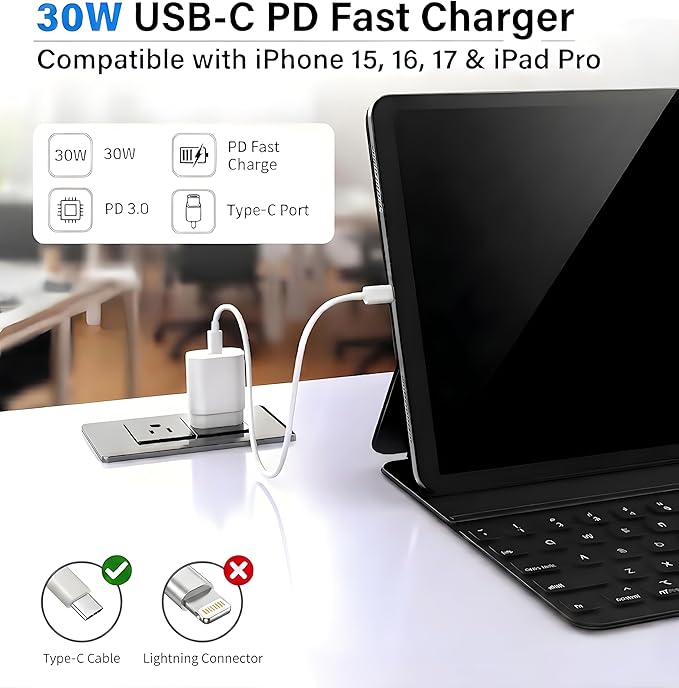 TT&C 30W USB C Block, PD Type C Wall Adapter, USB C Charger Block Compatible with iPhone 17, 17e, 17 Pro Max, 16, 15, 14, 13, iPad, mini, & for Samsung Galaxy S26/S25/S24