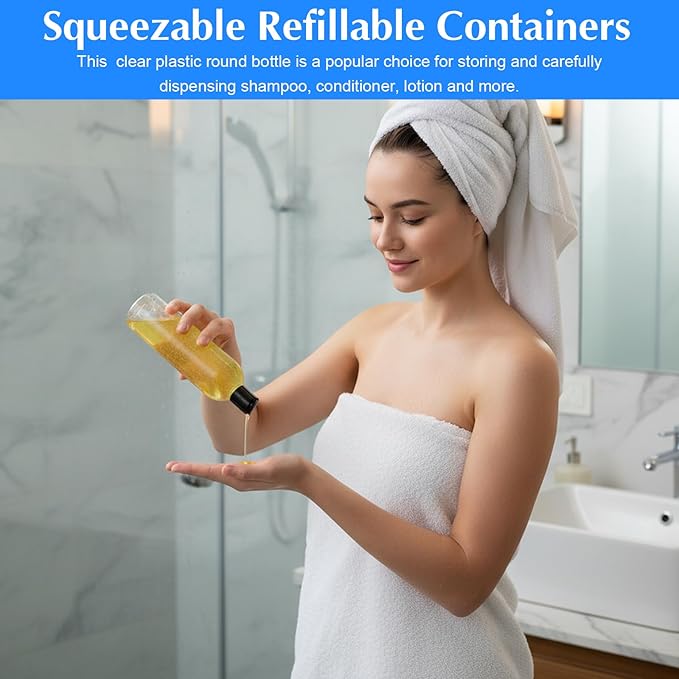 3 Pack 14 oz Clear Plastic Empty Bottles with Black Disc Top Caps Refillable Squeezable Trave Containers for Shampoo, Lotions, Creams
