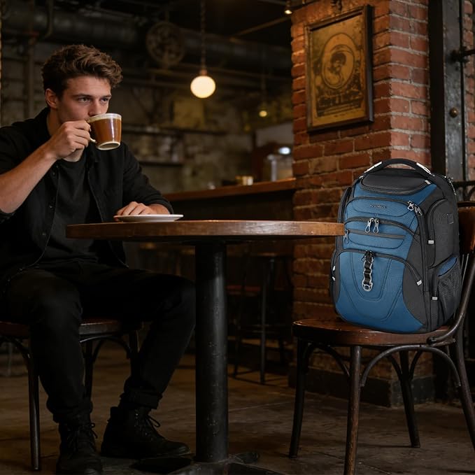 KROSER TSA Friendly Travel Laptop Backpack 18.4 inch XXXL Gaming Backpack Water-Repellent College Daypack Business Backpack with RFID Pockets & USB Port for Men/Women-Black/Haze Blue