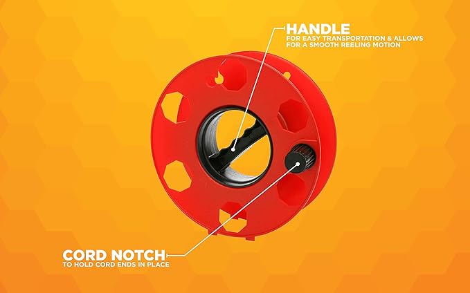 Woods Heavy Duty Cord Storage Wheel - Holds Up to 125 Feet of 16/3 or 110 Feet of 14/3 Gauge Cord - Tangle-Free Design for Extension Cords, Rope, or Hose - Orange/Black
