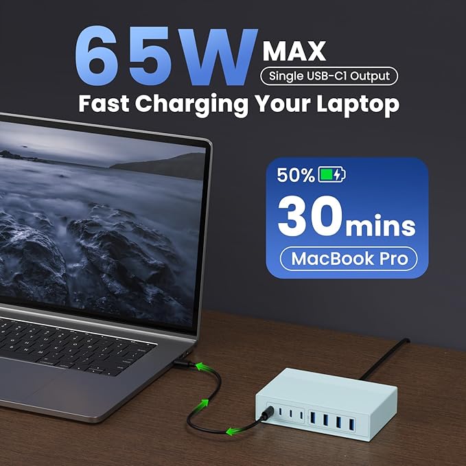 200W USB C Charger Block, 8-in-1 GaN III USB C Fast Charging Station Hub, PD 65W Laptop Charger Adapter Travel Charger, for MacBook Pro/Air/Dell XPS/iPhone 16/15/14/iPad/Galaxy S24-Light Blue