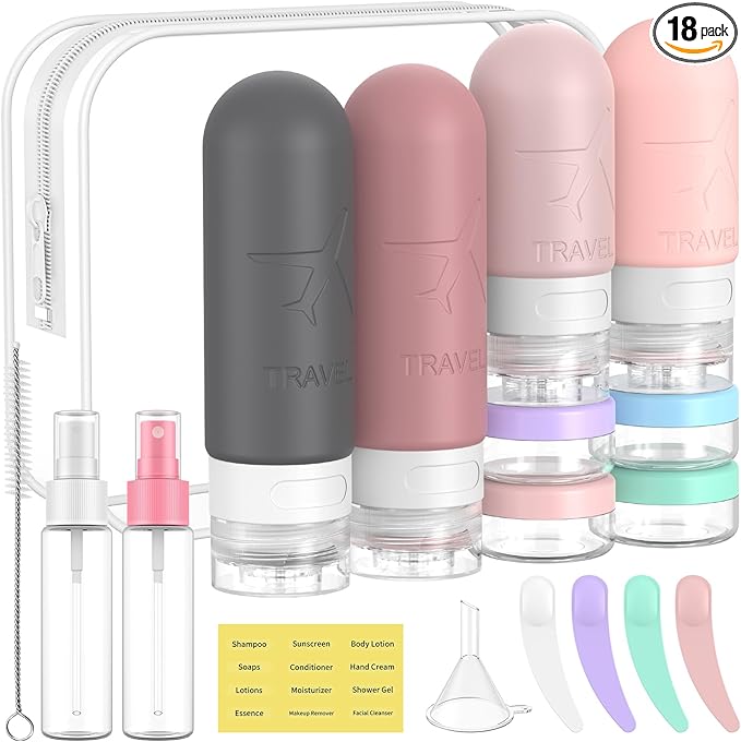 ME.FAN 18 Pack Travel Bottles for Toiletries, TSA Approved Travel Size Containers Set, Silicone Squeezable Portable Split Bottle, Travel Accessories for Conditioner, Shampoo, Lotion - Pink