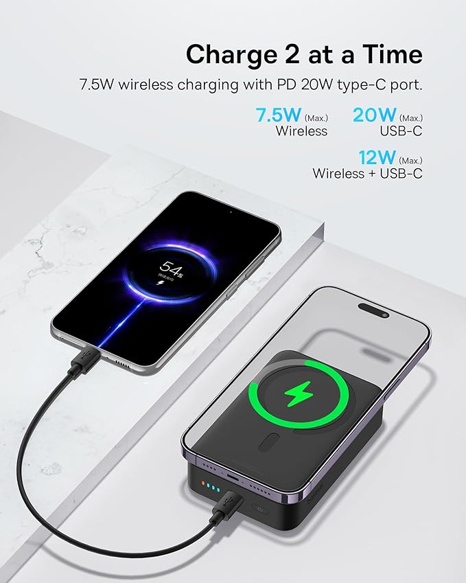 Baseus Picogo AM52 MagSafe Power Bank, Qi2.2 25W 10,000mAh 0.6" Slim Built-in 45W USB-C Cable, Bundle with 20000mAh Wireless Portable Charger for iPhone 17/16/15/14/13/12