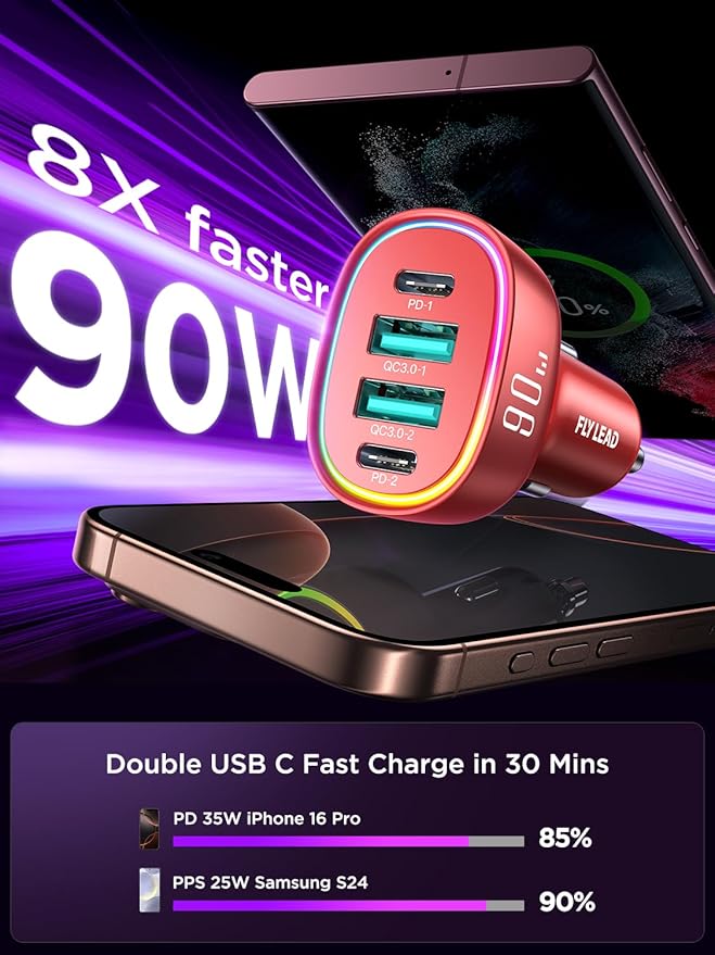 Car Charger USB C, 4 Port 90W Super Fast Charging for iPhone 17 Car Adapter, Dual PD 45W Type C & QC 3.0 USB A Multiport Car Cigarette Lighter Accessories for iPhone 16 15, iPad, Galaxy S26, Red